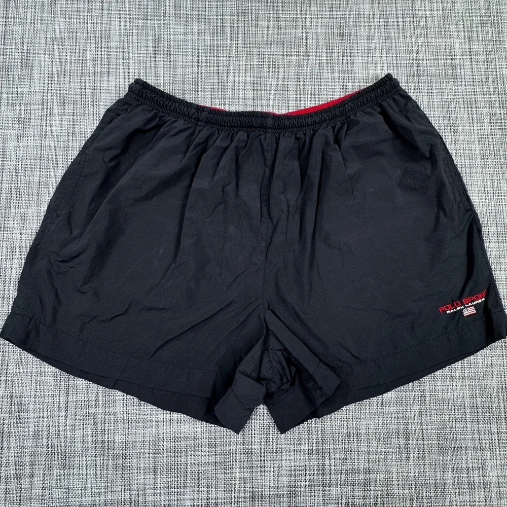 Vintage Polo Sport Ralph Lauren Mens Nylon Athletic Shorts Black XL Flag Logo
